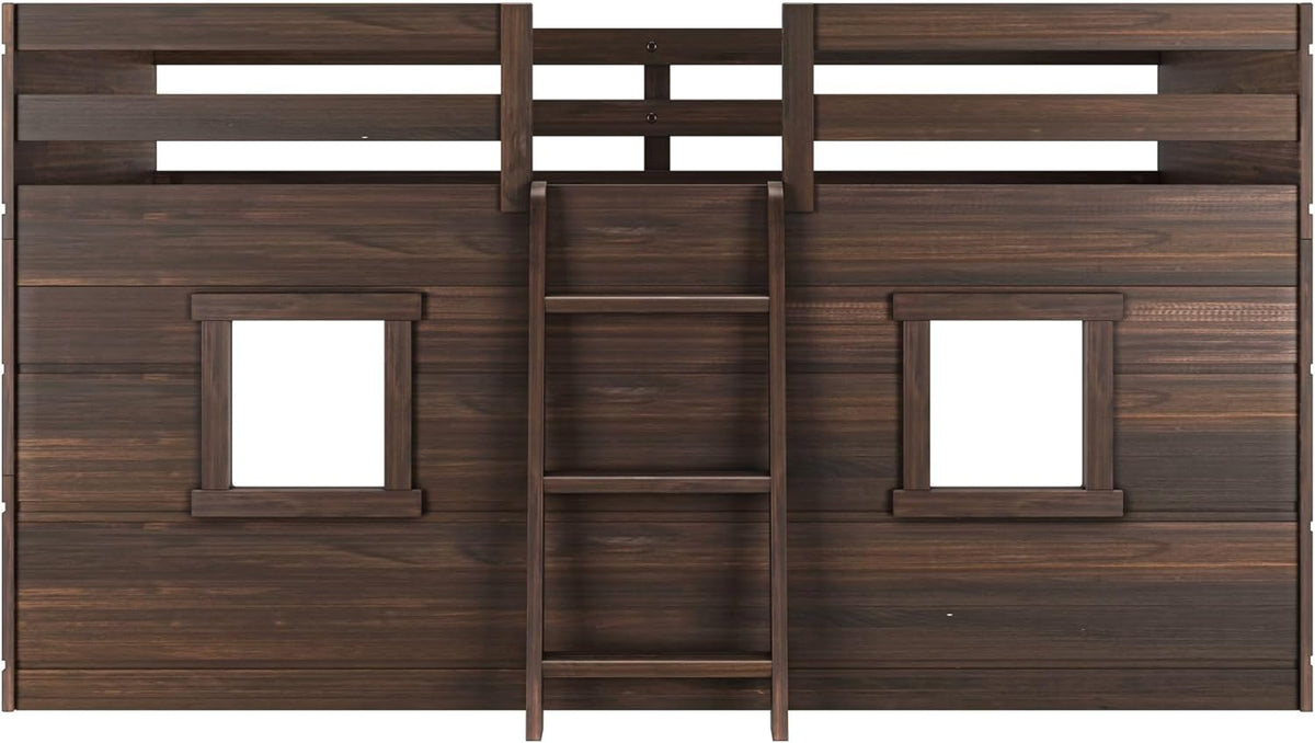 Max & Lily Modern Farmhouse Twin Low Loft Bed with Two Windows - Solid Wood, 15” Guardrails, 400-lb Capacity, Low-VOC Finish, Barnwood Brown