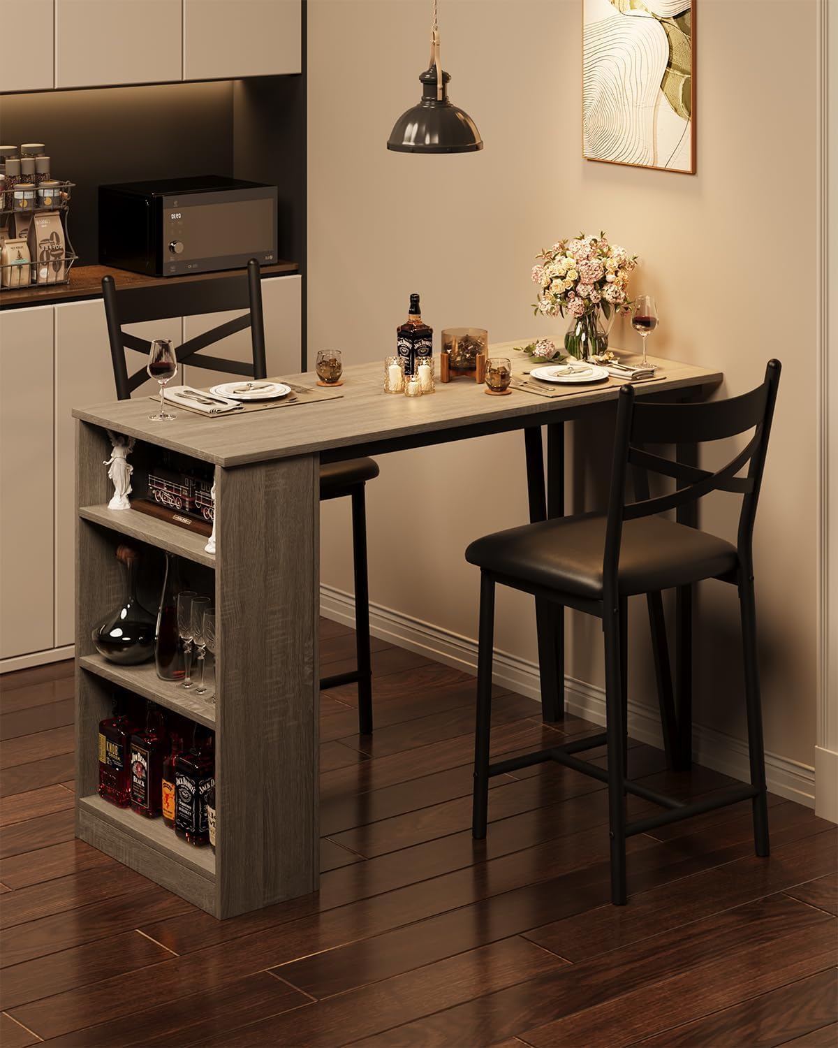 GAOMON 3 Piece Bar Table Set for 2, Bar Table and Chairs Set with with Flip Top Extension, Dining Table Set with Storage Shelves, Suitable for Small Space Kitchen Apartment, Grey