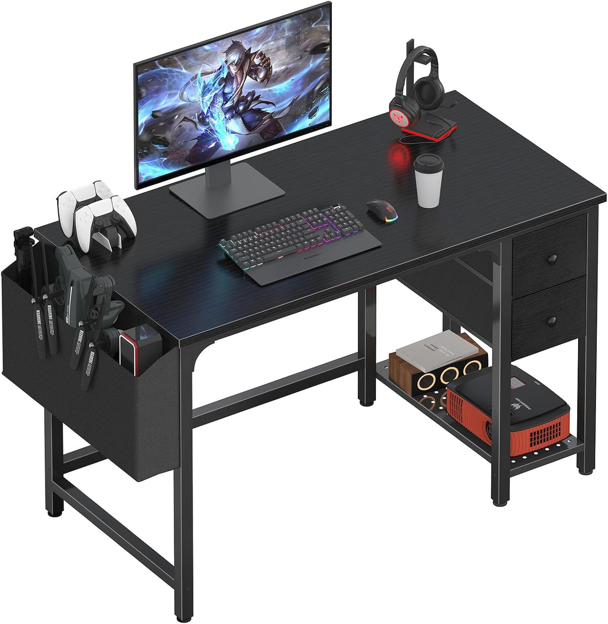 Lufeiya Computer Desk with Fabric Drawers, 40 Inch Reversible Gaming Desk for Small Space Home Office, Modern Simple Study Writing Table PC Desks for Bedroom, Black
