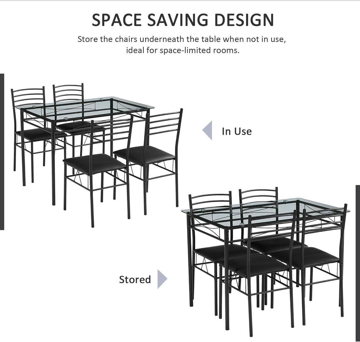 VECELO Kitchen Dining Table and Chairs Set for 4, PU Padded Seat & Glasses Tabletop, Space Saving, Matte Black