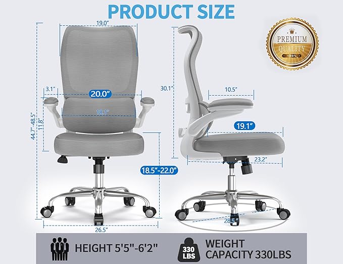 TRALT Ergonomic Office Chair - Desk Chair with Wave High Back Adjustable Lumbar Support Computer Chair - Gaming Chairs Mesh Backrest and PU Leather Seat for Home Reading Chairs to Adults(Grey)
