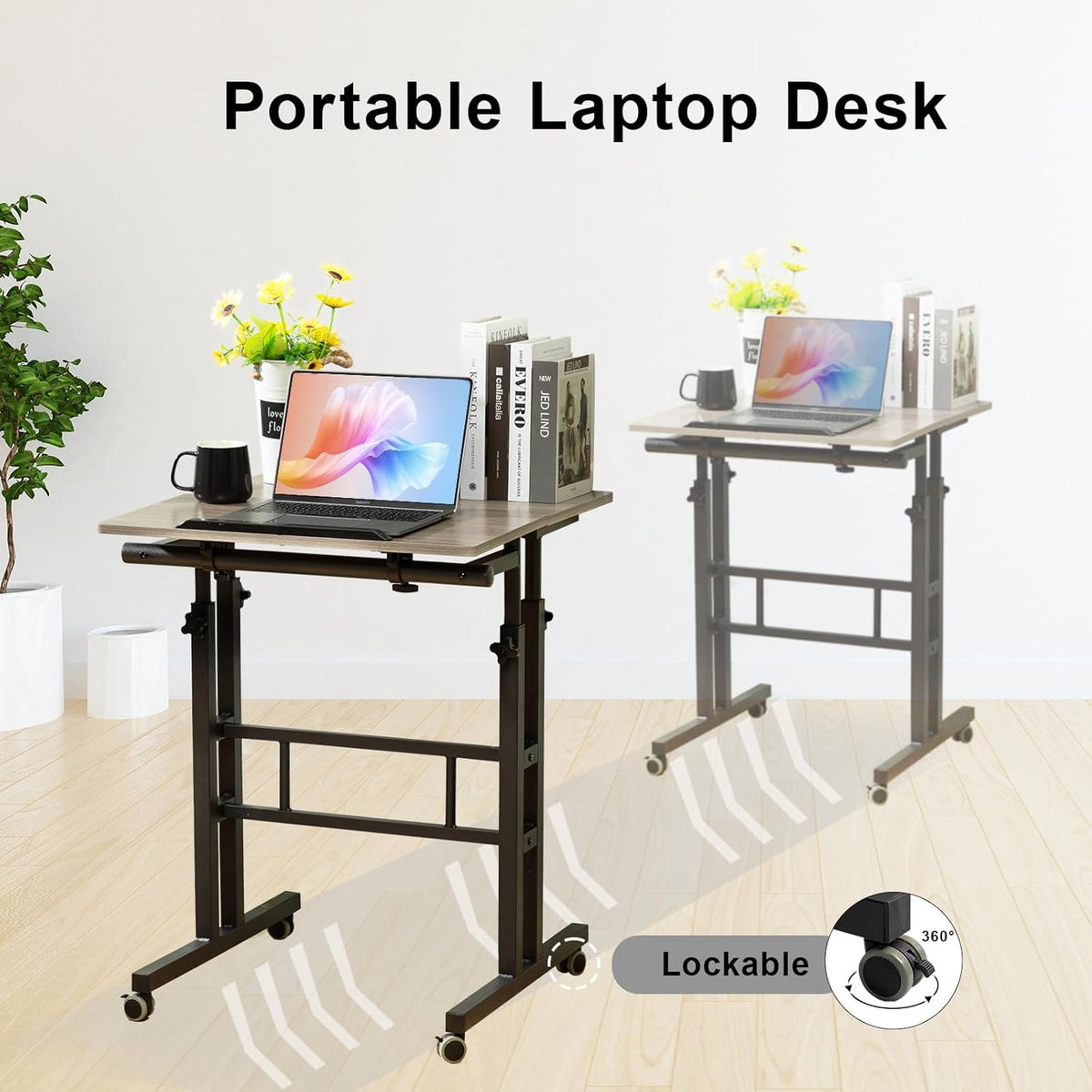 Hadulcet Mobile Standing Desk with Charging Station, Adjustable Standing Computer Desk, Standing Adjustable Laptop Cart with Wheels for Home Office Classroom Light Grey
