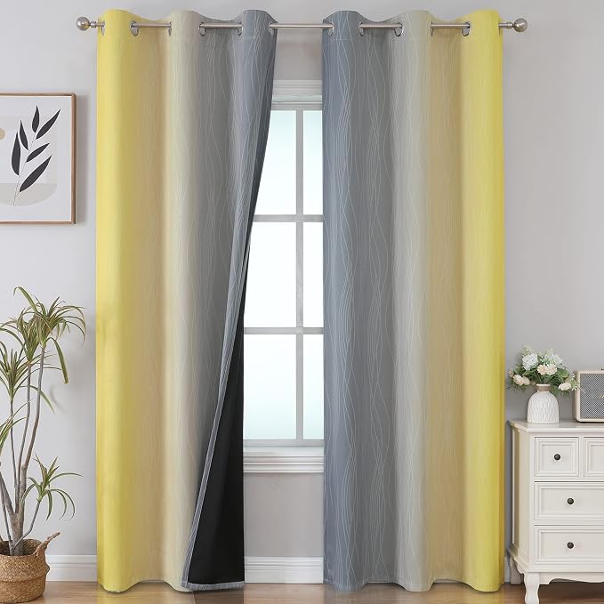 Grey and Yellow Blackout Curtains 84 Inch Length 2 Panels Set, 100% Blackout