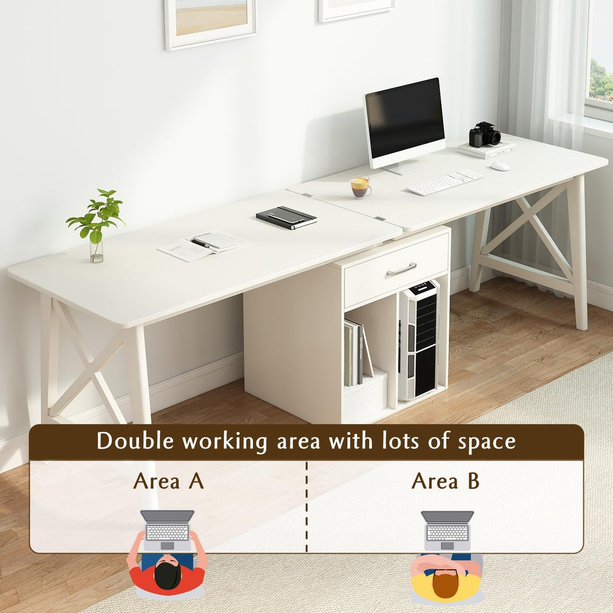 2-Person Desk with Storage Cabinet - 94" Wooden Extra Long L Shaped Table, Double Work Study Computer Workstation for Home Office, White, 94" W x 24" D