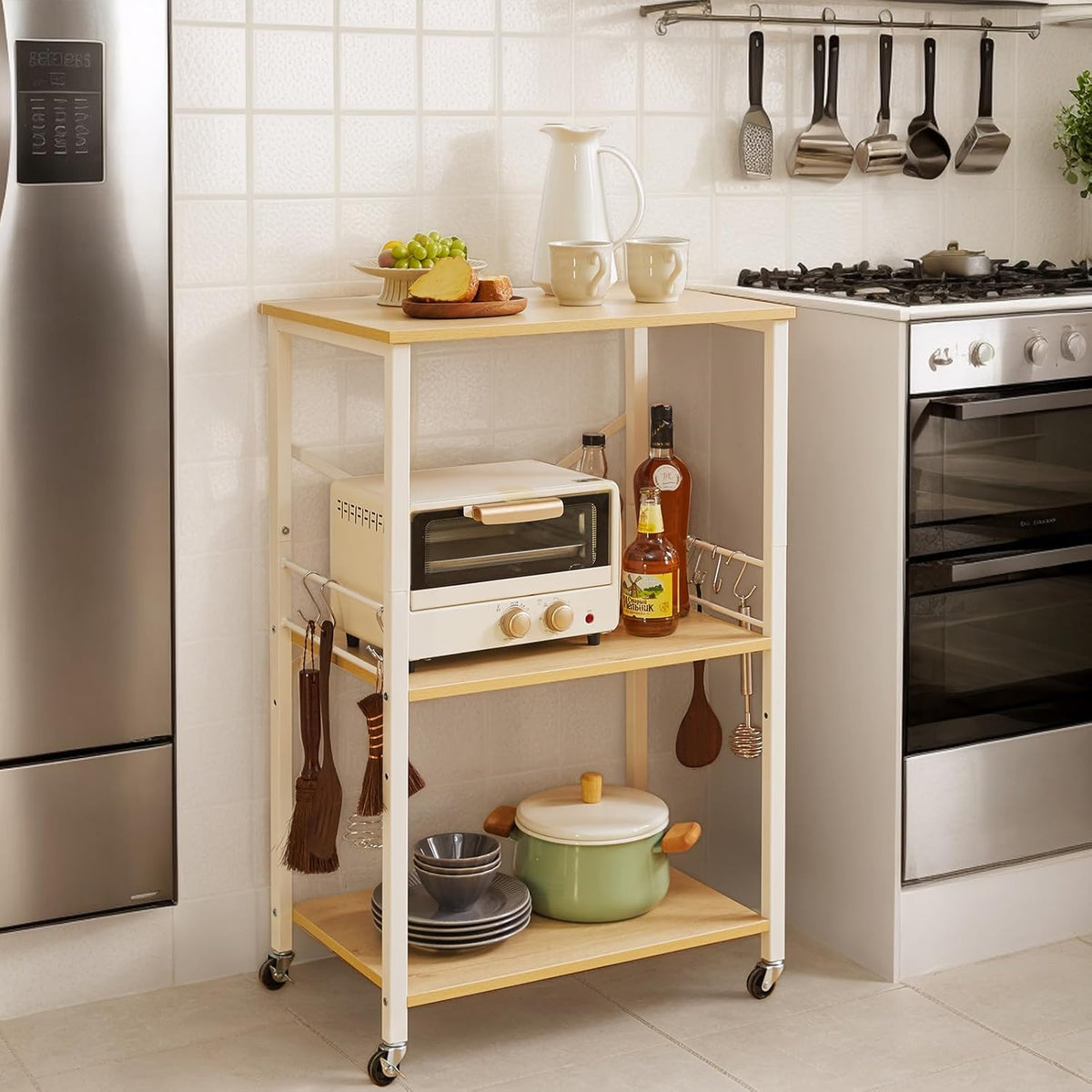 IBUYKE Kitchen Shelf Cart, 3-Tier Microwave Oven Stand, Baker’s Rack with Metal Frame and 8 Hooks, Industrial Printer Stand, Utility Standing Storage Shelf for Coffee Bar, Simple Assembly, TMJ023R