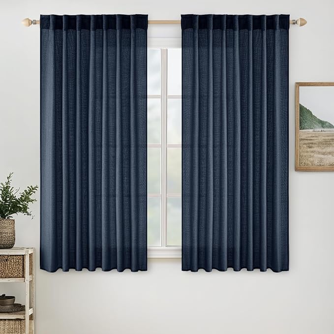 MIULEE Navy Blue Linen Curtains 63 Inch Length 2 Panels