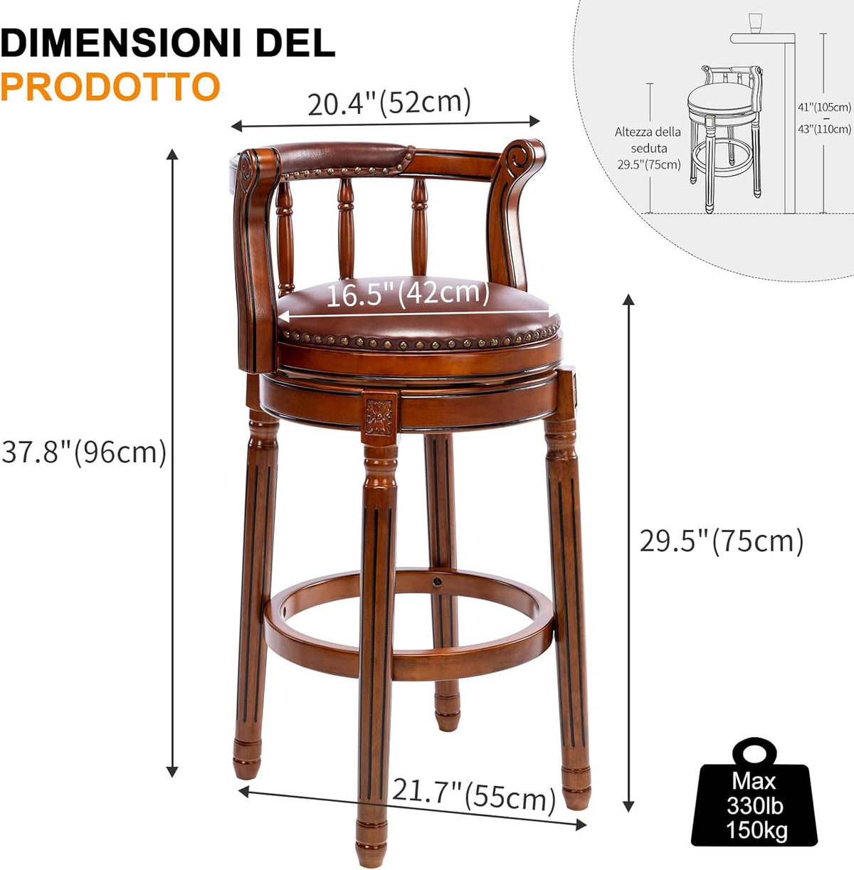 Cow top Leather Wooden Bar Stools, 360 Degree Swivel Bar Height Chair with Backs for Home Kitchen Counter, Morden Chair Barstools (Brown 1pc, Bar Height-Seat Height 29.5”)