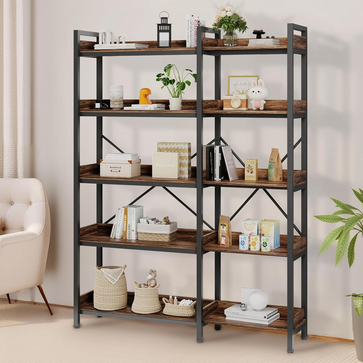 5-Tier Corner Bookshelf - Modern Tall Corner Bookcase with Sturdy Metal Frame, Large Storage L Shaped Bookshelf for Living Room/Home Office/Bedroom, Space-Saving Design, Rustic Brown