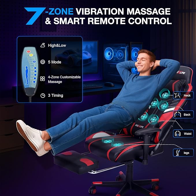 Douxlife Computer Gaming Chair with Footrest, Height Adjustable Game Chair for Adults 360°-Swivel Seat and Headrest and for Office or Gaming, Racing Style Black Red