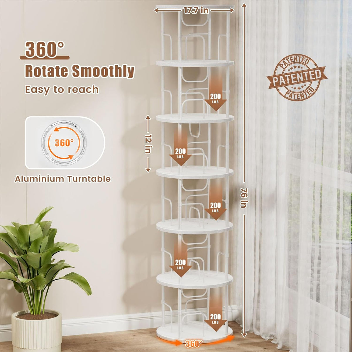 6 Tier Rotating Bookshelf, 360 ° Display Stackable Spinning Bookshelf Tower, Corner Bookshelf Tall Floor Standing Swivel Bookcase Narrow Storage Organizer for Bedroom, Living Room, White