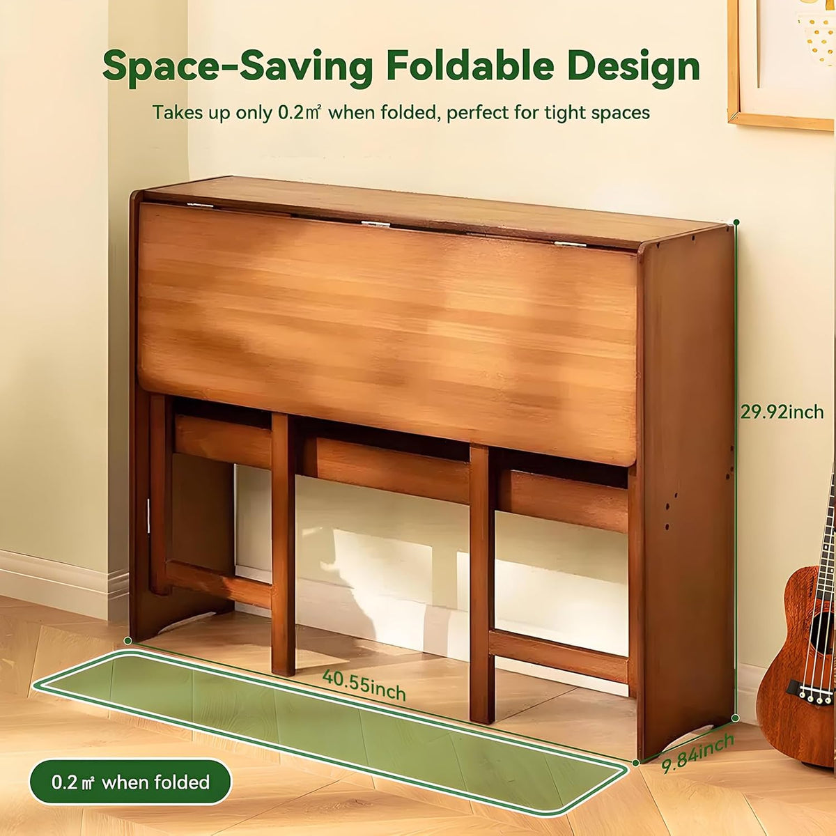 Bamboo Folding Desk Mid Century Modern Desk for Home Office Bedroom Small Spaces, Brown，40.55" Long Desktop