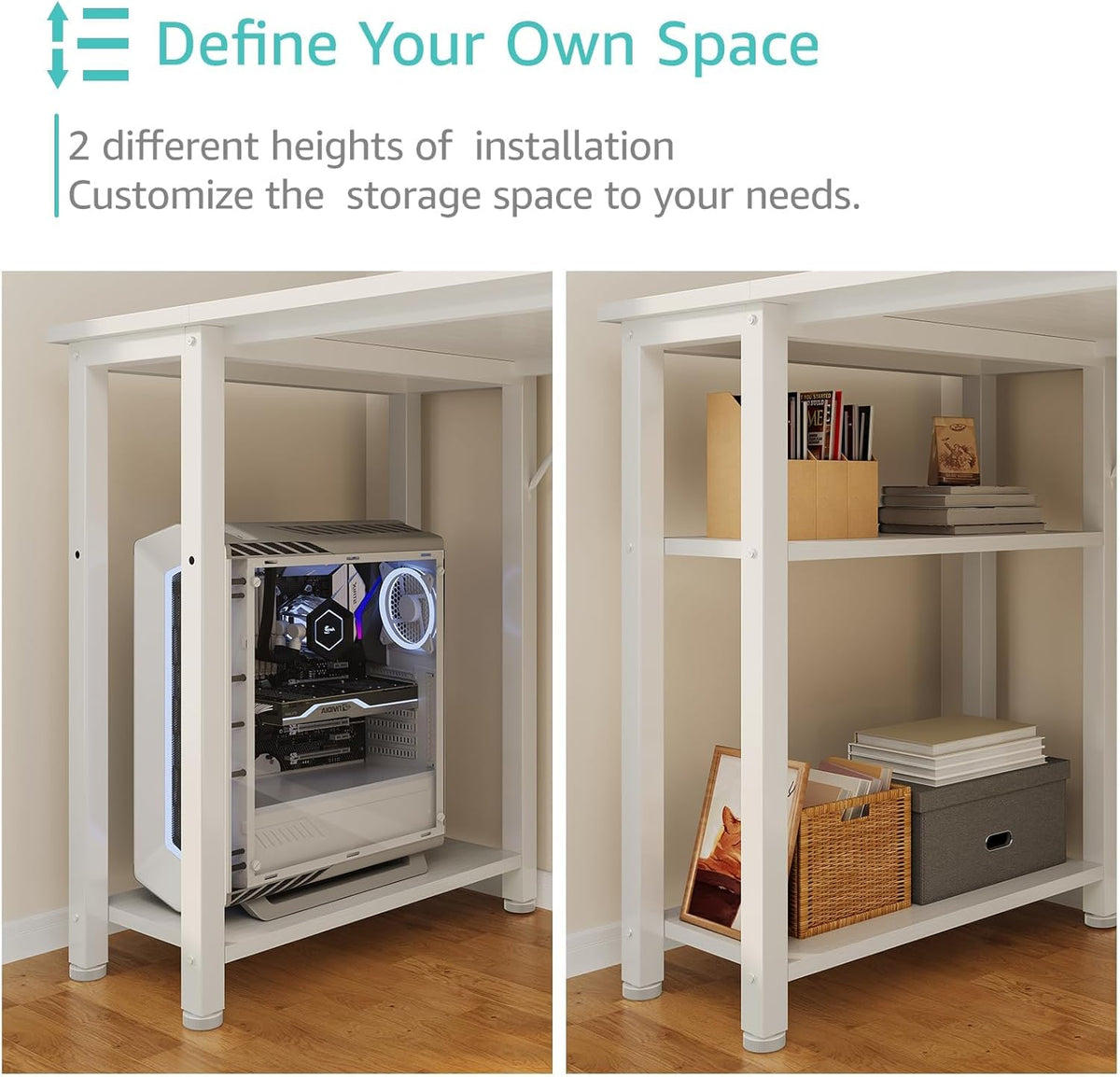 Lufeiya White Computer Desk with Fabric Drawers & Storage Shelves, 63 Inch Study Work Writing Desk for Home Office Bedroom, Simple Modern Cute PC Desks Table, White
