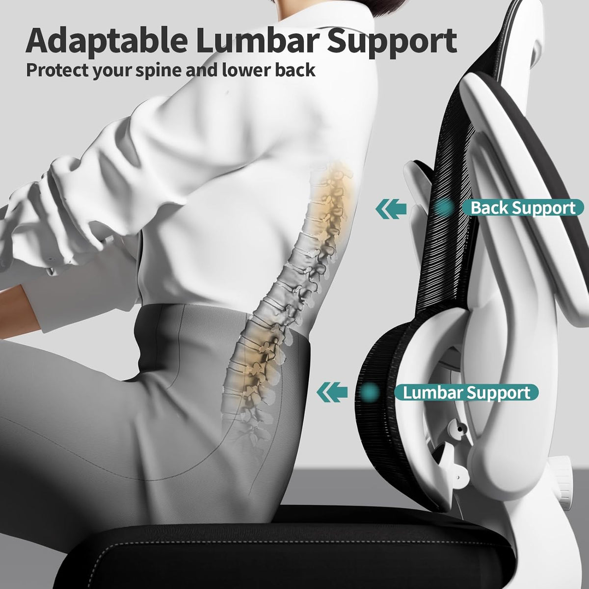 TRALT Office Chair - Ergonomic Desk Chair with Adjustable Lumbar Support, Mesh Computer Chair, Executive Chairs for Home Office Comfortable Lumbar Support (White+Black)