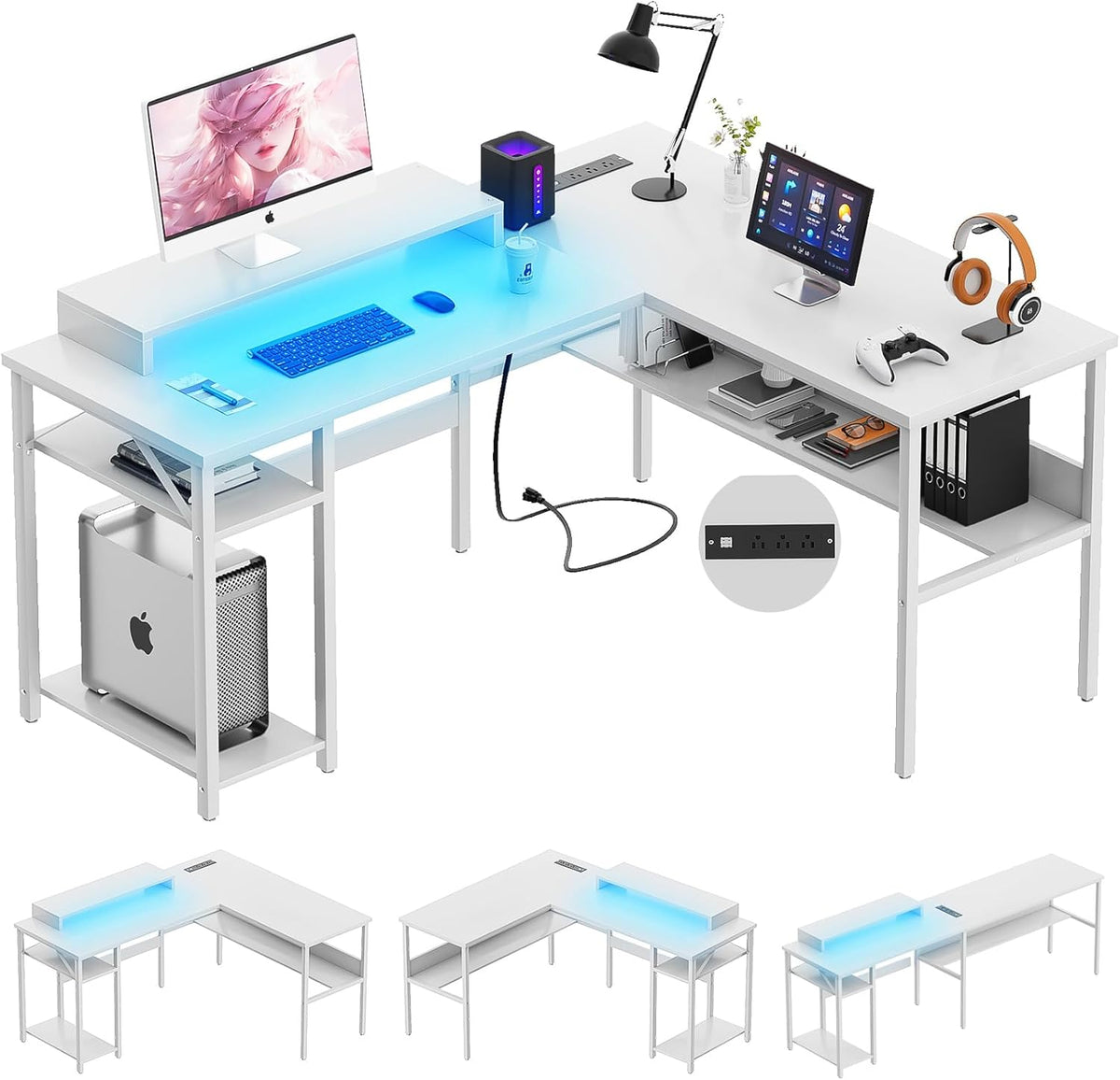 Unikito Reversible L Shaped Computer Desk with Power Outlets and Monitor Stand, Sturdy Corner Desk with RGB LED Light and Storage Shelves, Modern Work Desk for Home Office, Easy to Assemble, White