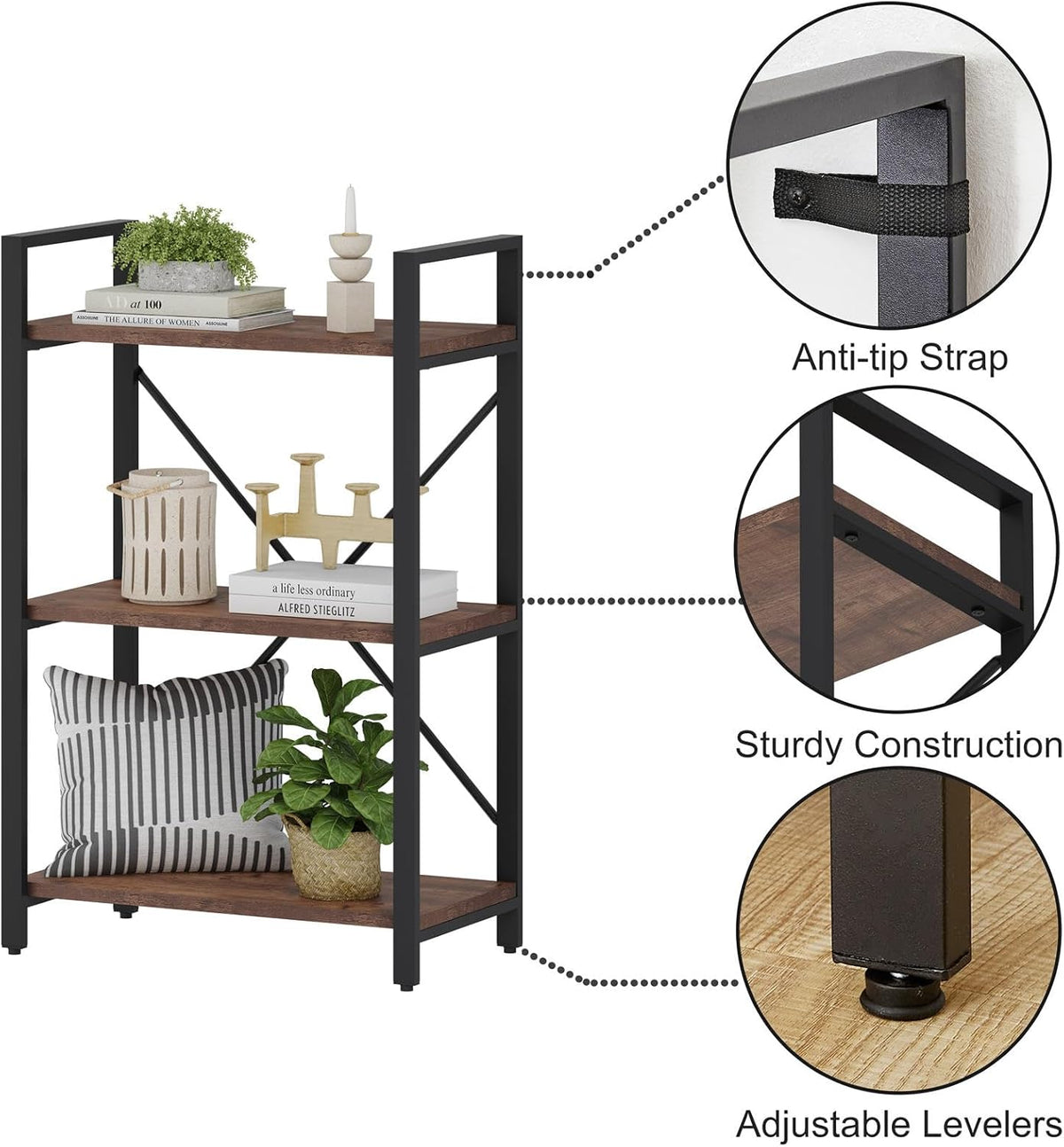 BON AUGURE 3 Tier Industrial Bookshelf, Office Small Open Book Shelf for Small Space, Short Narrow Wooden Etagere Bookcase for Living Room, Bedroom and Kitchen (Rustic Oak)