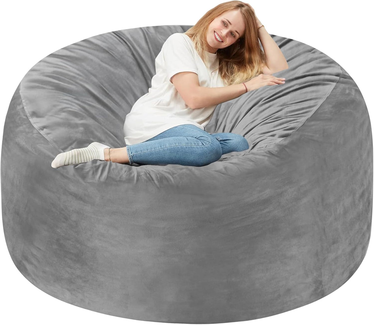 Homguava 5 FT Bean Bag Chair: 5' Bean Bags with Memory Foam Filled, Large Beanbag Chairs Soft Sofa with Dutch Velvet Cover-Light Grey