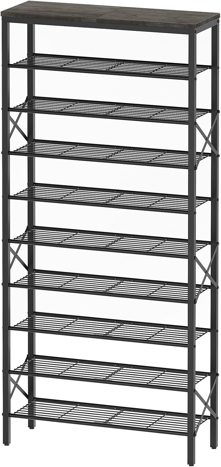 10 Tier Shoe Rack, Large Capacity Shoe Storage Organizer Holds 40 Pairs, Durable and Stable, for Entryway, Hallway, Closet, Dorm Room, Charcoal SS10BCG1