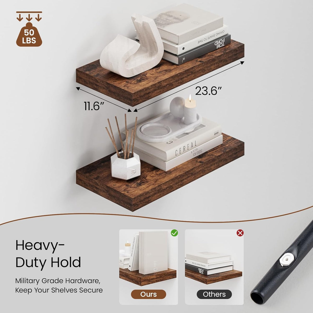 Heimlove 12" Deep Floating Shelves for Wall, 24 Inch Wall Shelf Bathroom Shelves Set of 2, Wall Mounted Shelves for Books Living Room Laundry Room Bedroom Kitchen Home Office, Rustic Brown