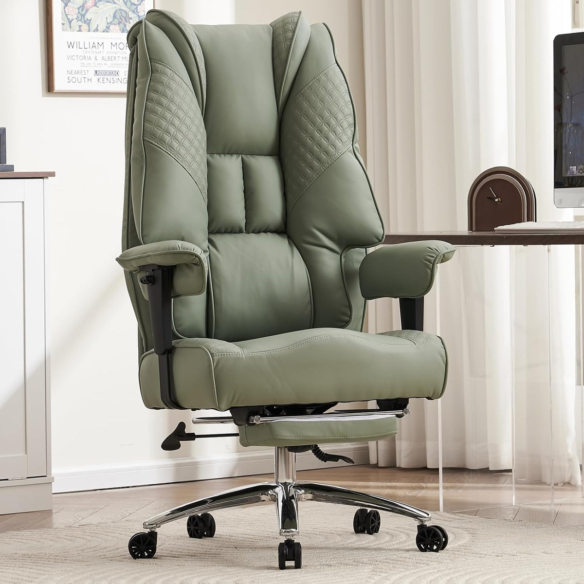 Big and Tall Office Chair 400lbs Wide Seat, Leather High Back Executive Office Chair with Foot Rest, Ergonomic Chairs Lumbar Support for Lower Back Pain Relief (Light Green)