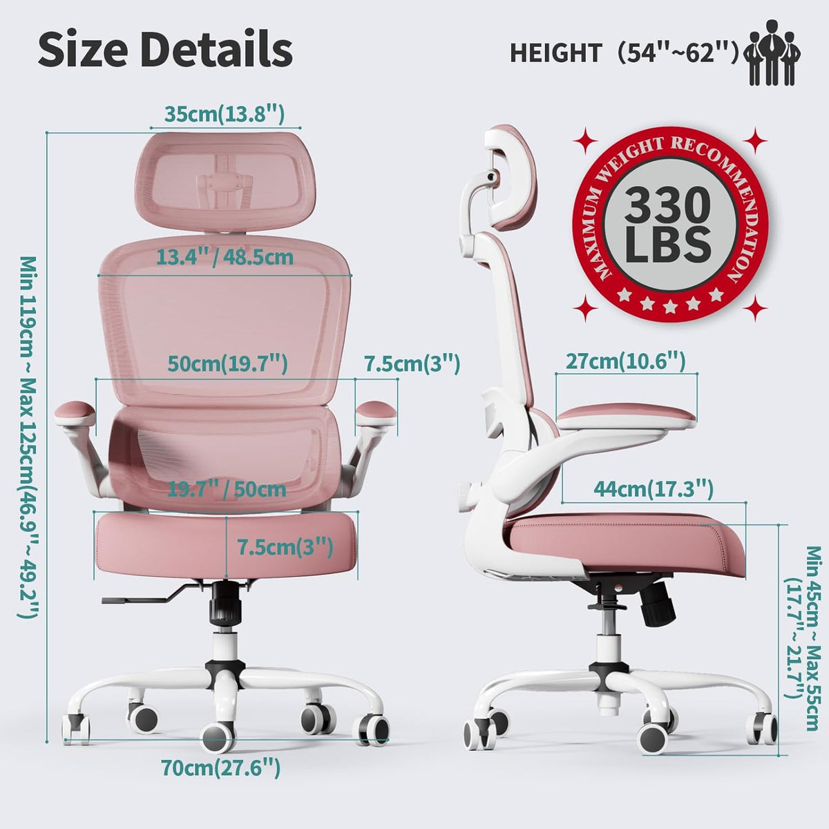 TRALT Office Chair Ergonomic Desk Chair, 330 LBS Home Mesh Office Desk Chairs with Wheels, Comfortable Gaming Chair, High Back Office Chair for Long Hours (Pink)