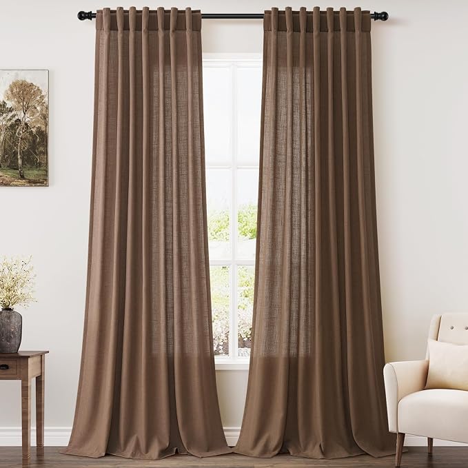Caramel Brown Linen Curtains for Living Room Extra Long 112 Inches Long Back