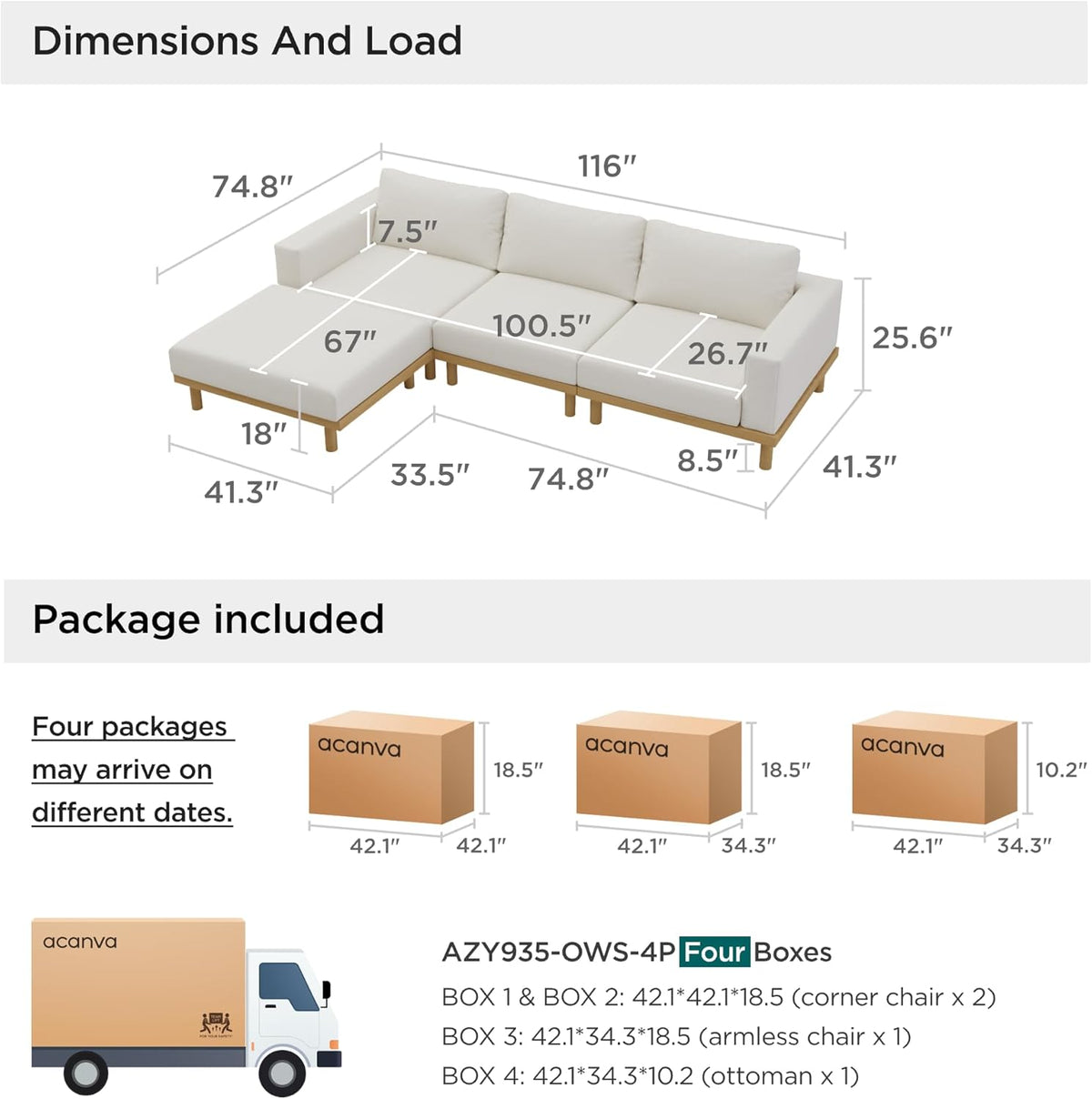 Acanva Minimalist Modular Sectional Sofa for Living Room, Wide & Deep Seat Convertible Furniture Set with Metal Frame and Movable Covers, L-Shaped Couch, Off White