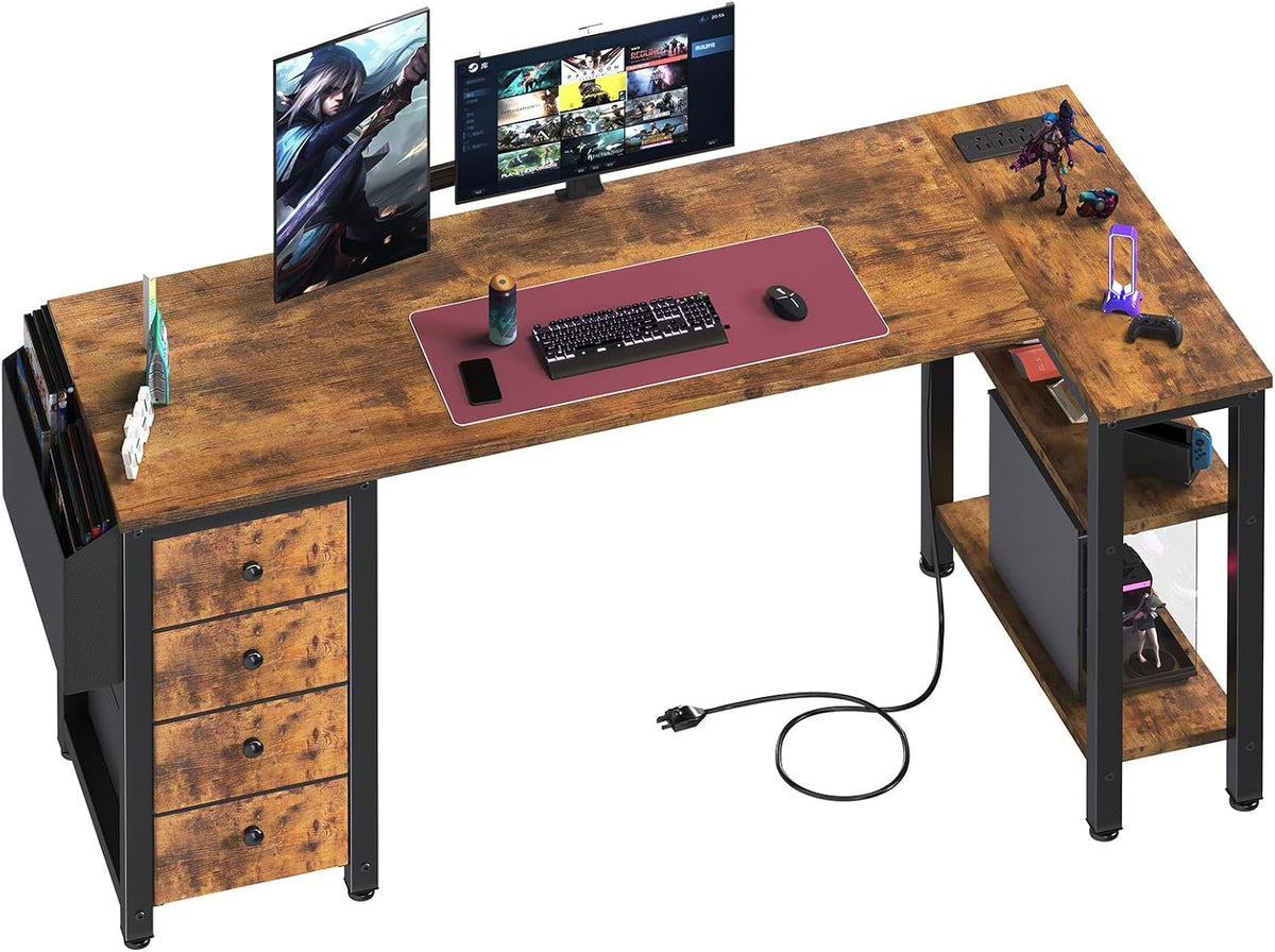 Lufeiya L Shaped Computer Desk with Drawers & Storage Shelves, 55 Inch Corner Desk with Power Outlet for Home Office Bedroom, L-Shaped Teen PC Gaming Desks with Fabric Drawer, Rustic Brown