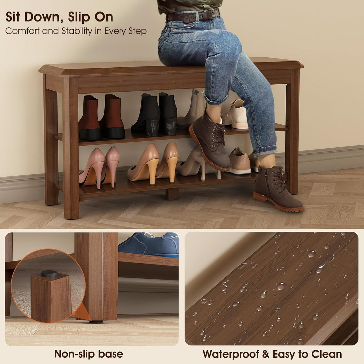 Shoe Rack for Front Door Entrance, Solid Wood Shoe Bench for Closet, Holds Up to 550lbs, Shoe Rack Bench for Entryway, Mudroom, Hallway