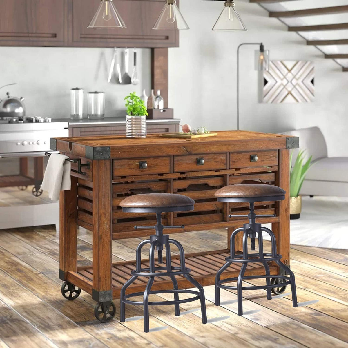Diwhy Industrial Vintage Counter Stool, Kitchen Counter Height Adjustable Swivel Chair, Metal Frame Stool, 20.47-26.77 Inch, Fully Welded Base, Brown PU Upholstered, Set of 2