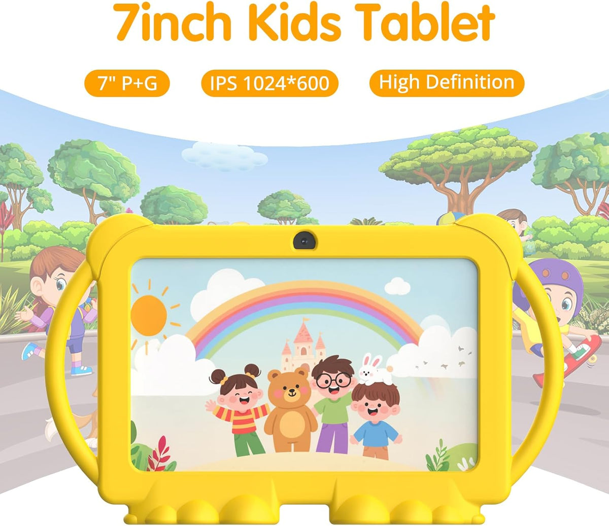 Kids Tablet 7 inch Android 12.0 for Toddler, 4GB RAM 32GB ROM Bluetooth IPS Screen Parental Control Dual Camera Shockproof Case for Educational Games (Yellow)