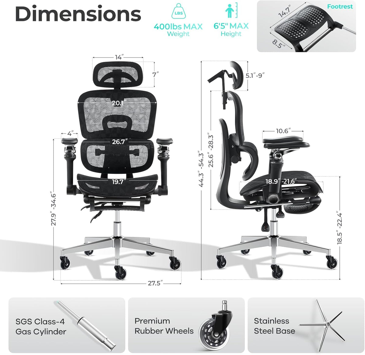 Ergonomic Office Chair with 9D Arms,Adjustable Seat Depth,3D Lumbar Support,135° Recline,3D Headrest & Footrest,Mesh Computer Desk Chair - Ultimate Comfort for Home & Executive Office Black