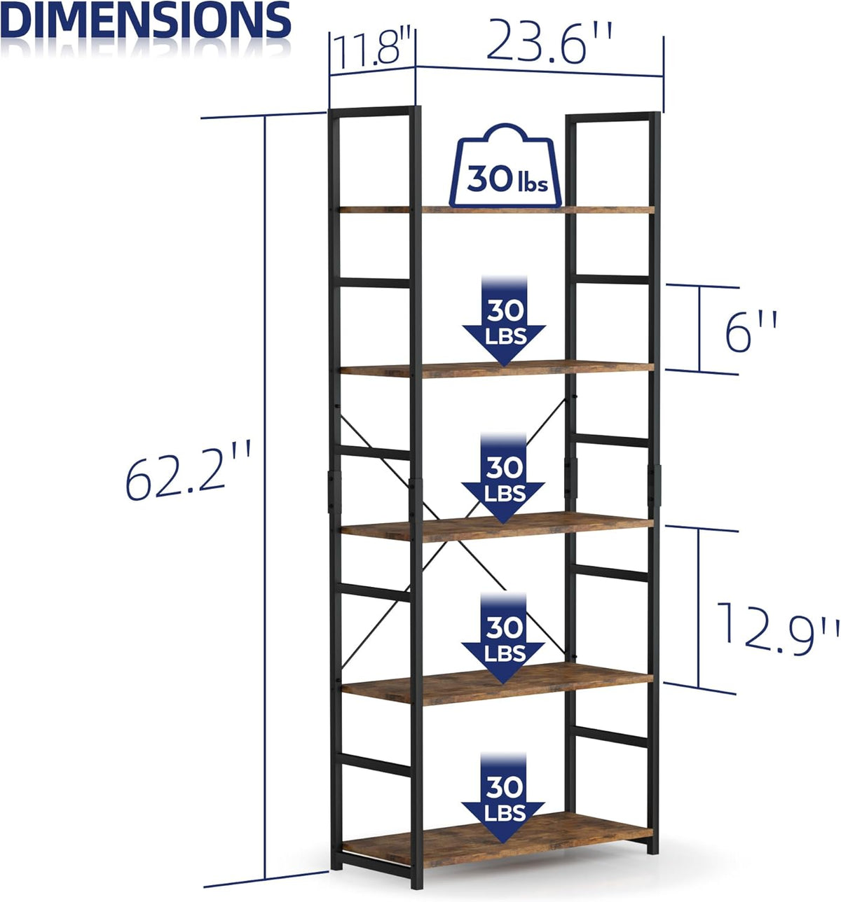 NUMENN 5 Tier Bookshelf, Tall Bookcase Shelf Storage Organizer, Modern Book Shelf for Bedroom, Living Room and Home Office, Vintage