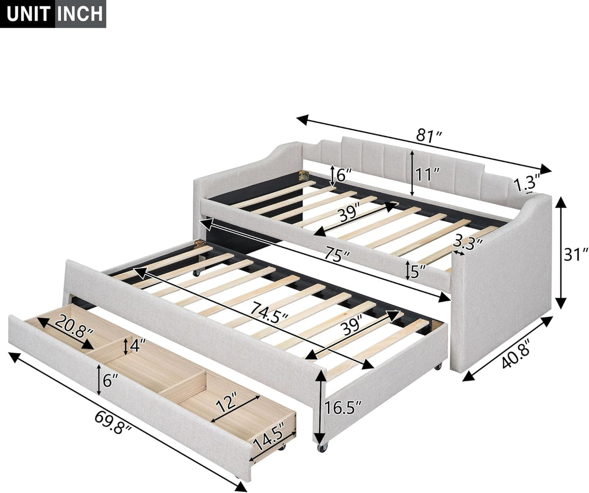 Twin Size Upholstered Daybed with Trundle and Three Lower Drawers,Linen Sofa Bed for Apartment Living Room Guest Room,Solid Wood Trundle Day Bed Frame, No Box Spring Needed,Beige