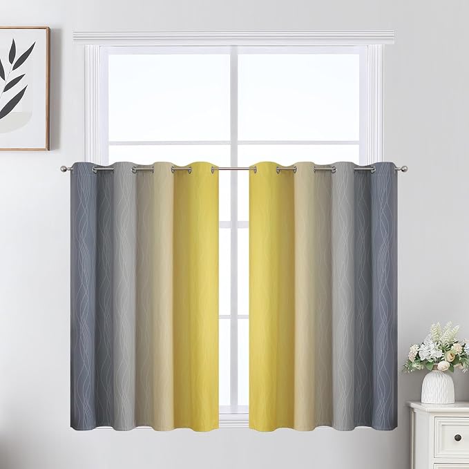 Estelar Textiler Grey and Yellow Ombre Short Blackout Curtains 36 Inch Long