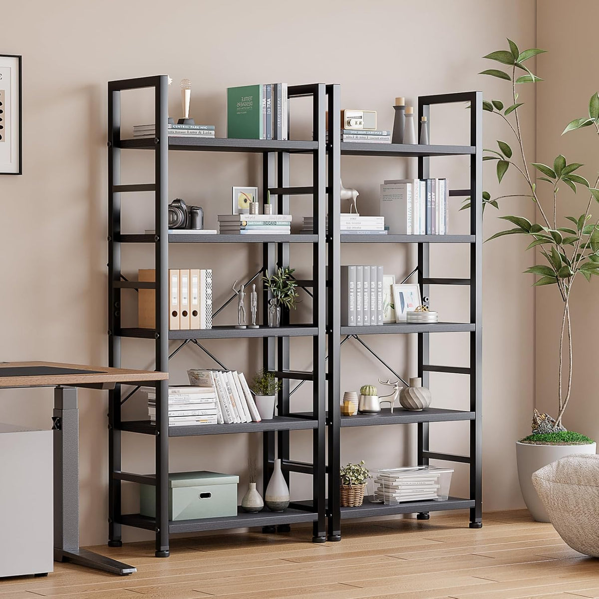 DUMOS 5 Tier Book Shelf Tall Modern Bookcase Set of 2 for Books, CDs, Movies, Storage and Organization Bookshelf Industrial Home Decor for Bedroom Office Kitchen Living Room, Black