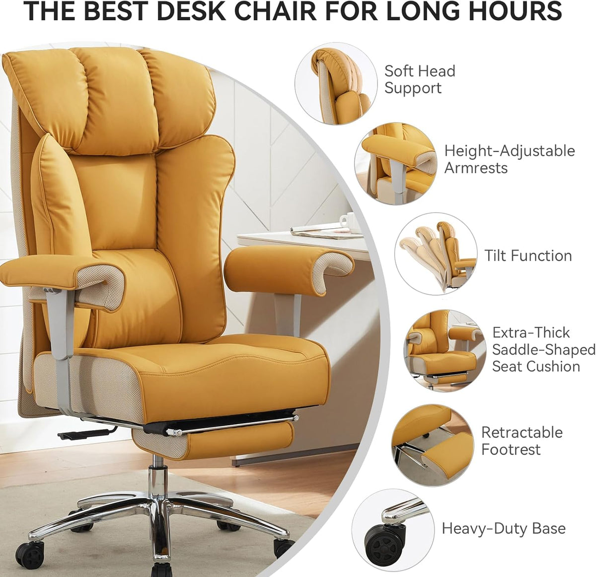 Efomao Big and Tall Green Office Chair 450LBS – Ergonomic High-Back Executive Chair with Footrest, Adjustable Padded Armrests, PU Leather Computer Chair with Lumbar Support for Home or Office, Yellow