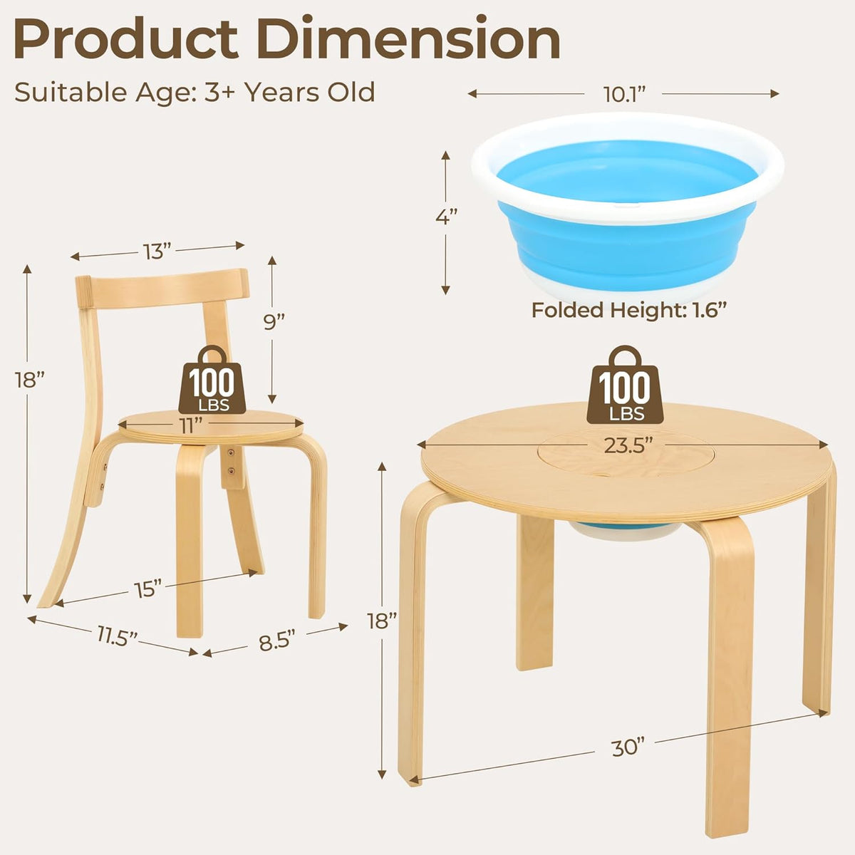 Kid Round Table and 4 Chairs Set with Storage Tub, Wooden Toddler Table Chair for Arts, Crafts, Eating, Learning, Kid Play and Activity Table for Home, Daycare or Playroom