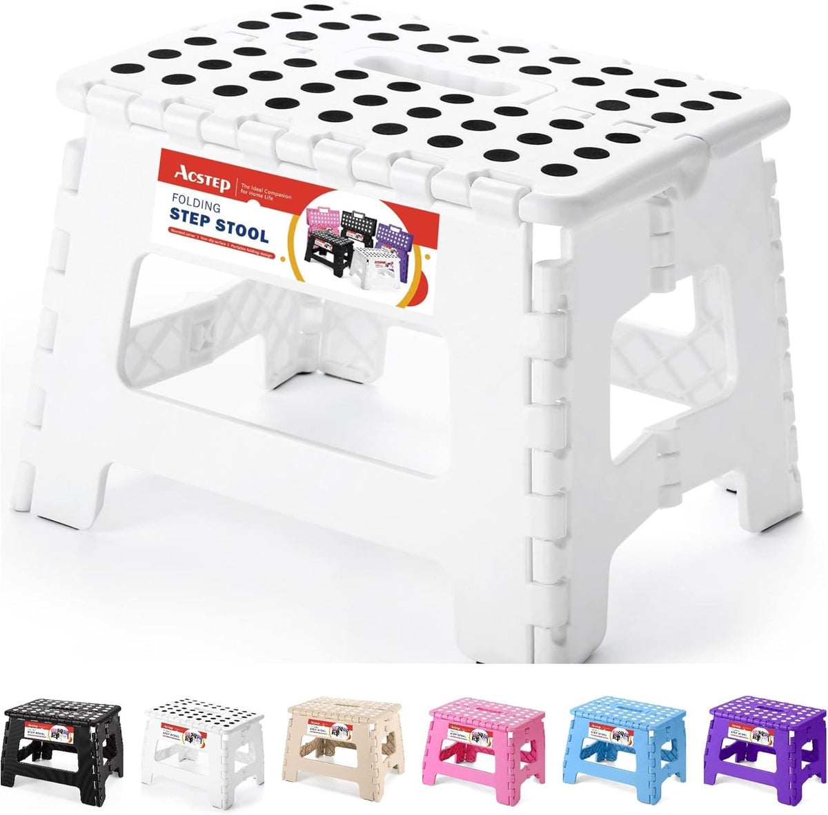 ACSTEP Folding Stool - Portable, Collapsible Plastic Step Stool, 9 Inch, Non Slip, Foldable, for Kitchen, Bathroom, Bedroom (White)