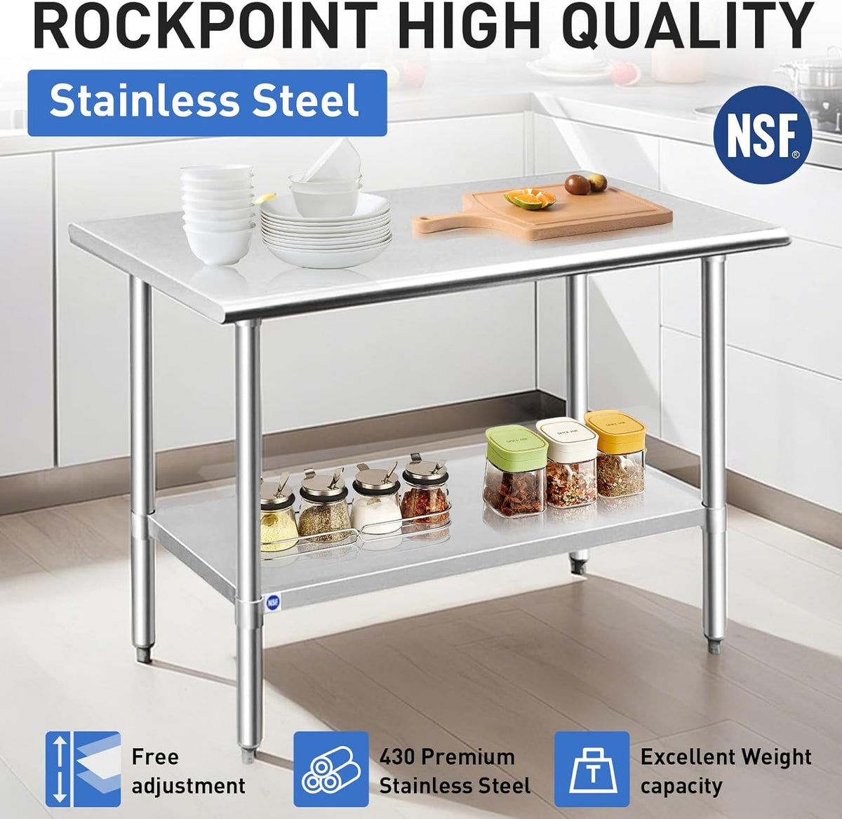 ROCKPOINT Stainless Steel Table for Prep & Work 18x48 Inches, NSF Metal Commercial Kitchen Heavy Duty Table with Adjustable Under Shelf and Table Foot for Restaurant, Home and Hotel