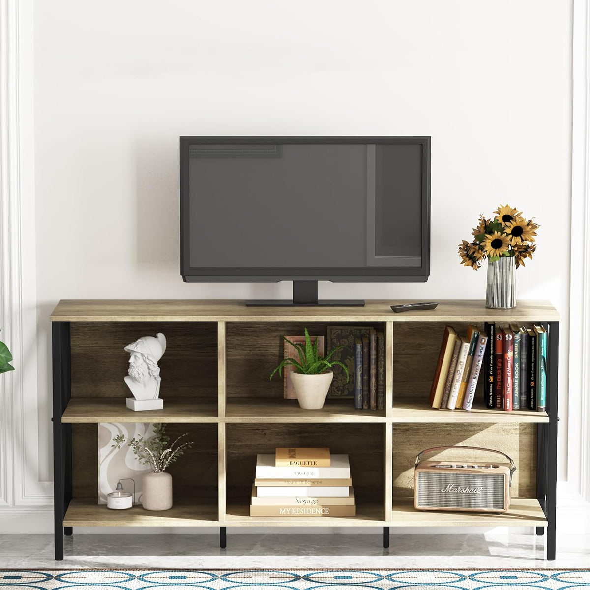 Horizontal Bookshelf Bookcase,6 Cube Storage Organizer with Open Shelf,47 Inch Industrial Low Wide Wood and Metal Cubby shelf,Long shelving unit for Home Office Living Room(Rustic Oak,6 Cube)