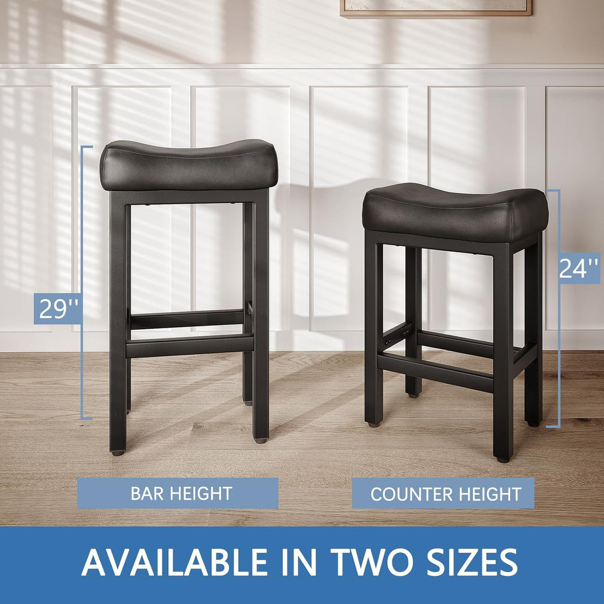 29 Inch Bar Height Bar Stools Set of 2, 29" Barstools for Kitchen Island Counter, Backless Bonded Leather Bar Height Stools with Thick Saddle Seats & Heavy Duty Metal Base, Easy Assembly, All Black