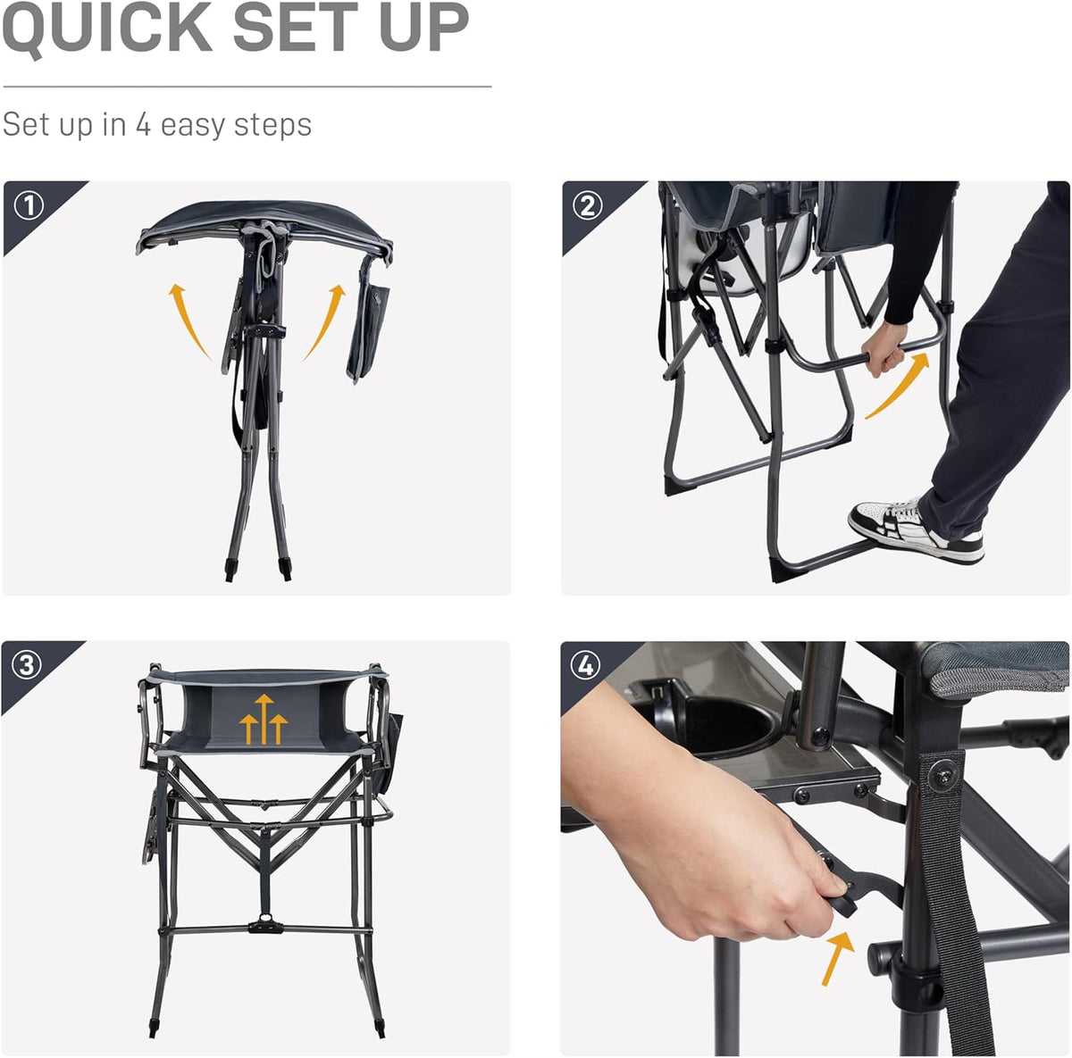 EVER ADVANCED Portable 30.7" Seat Height Tall Folding Camping Chair Directors Chair High Foldable Bar Stool with Side Table for Makeup Artist, Sports Event, Craft Show, Supports 350LBS Grey