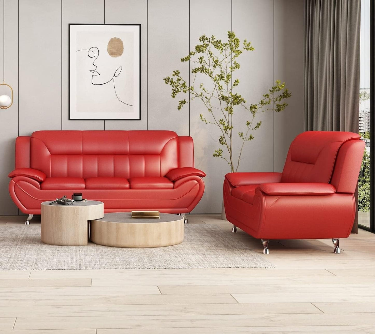 Container Furniture Direct Michael Modern Faux Leather Upholstered Stainless Steel Legs Living Room Sofa, Chair, Persian Red