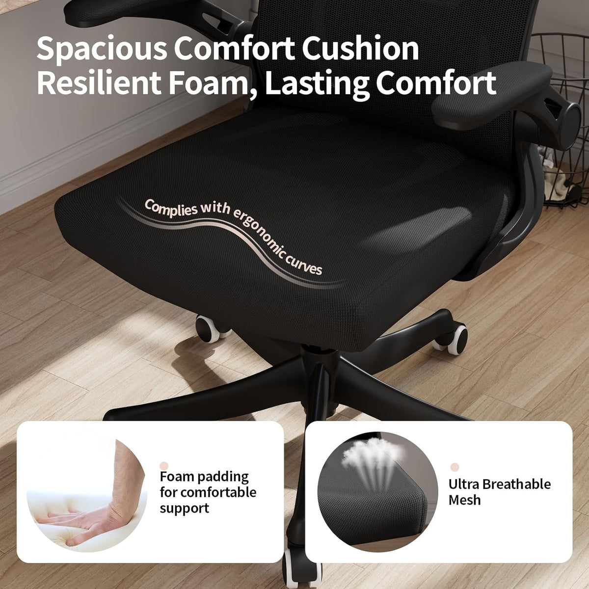 Monhey Ergonomic Office Chair with Lumbar Support, Adjustable Height, 2D Flip-up Arms, Breathable Black Mesh, Comfortable Desk Chair Chair for Home, Office, Study & Gaming