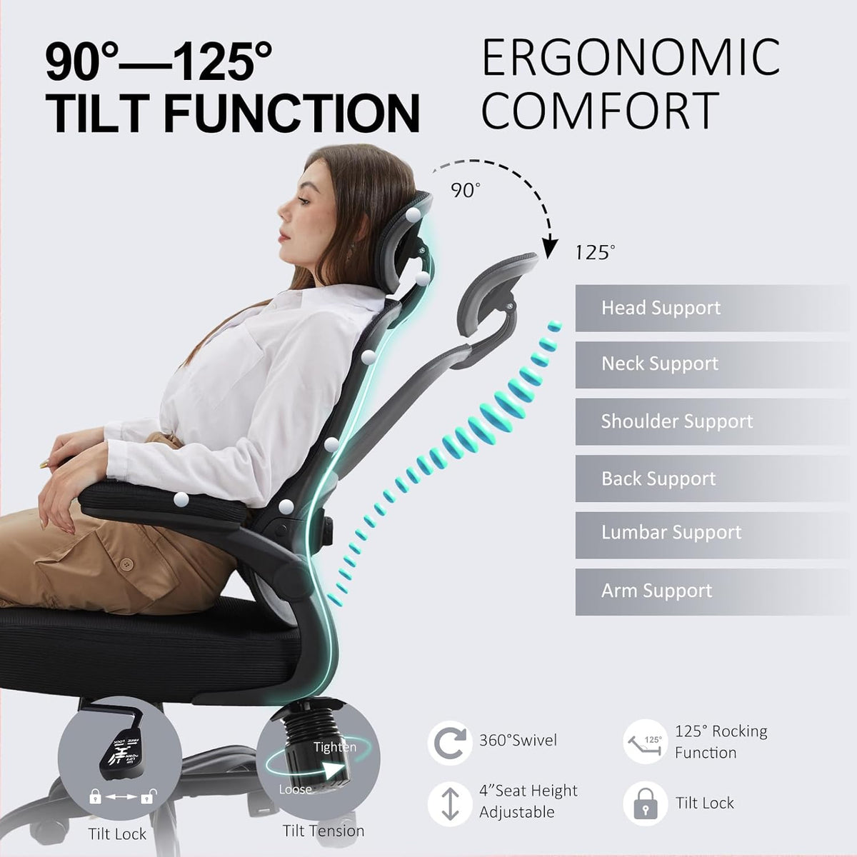 Ergonomic Office Chair,Ultra Thick Office Desk Chair with Adjustable Lumbar Support and Headrest,Spring Cushion,Rocking Function,Flip-up arms,Mesh Computer Chair for Home Office,Black