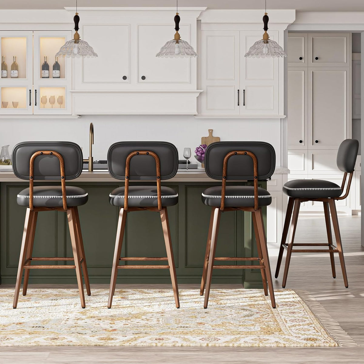Swivel Bar Stools Set of 4, Mid Century PU Leather Counter Height Bar Chairs with Low Back and Metal Legs, Modern Bar Stool Chair for Kitchen Island, Black