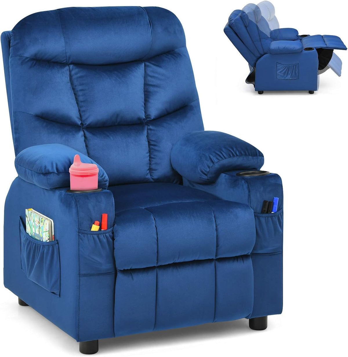 Costzon Kids Recliner Chair with Cup Holder, Adjustable Velvet Lounge Chair w/Footrest & Side Pockets for Children Boys Girls Room, Ergonomic Toddler Furniture Sofa Gifts, Kids Recliner (Blue)