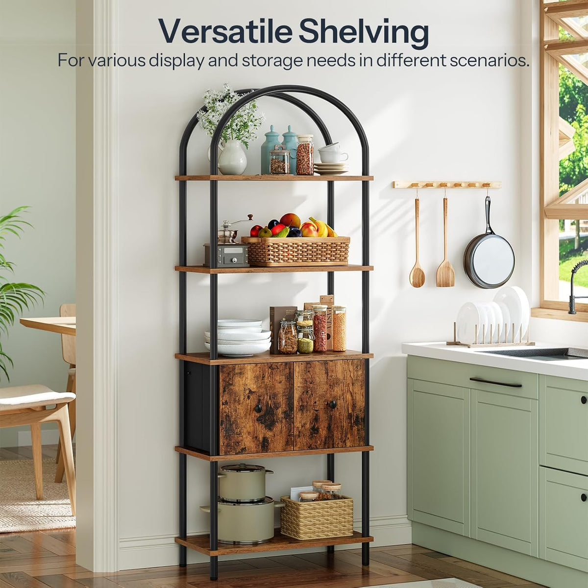 HOOBRO 5-Tier Bookshelf, Arched Bookcase with 2 Drawers, Tall Industrial Style Display Rack, Modern Standing Bookcase with Metal Frame for Office, Bedroom, Kitchen, Rustic Brown and Black BF175SJ01