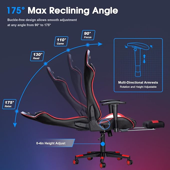Douxlife 7-Point Massage Gaming Chair, 175° Gaming Recliner with Footrest Ergonomic Computer Office Chair High Back Video Game Chair with Lumbar Support, Upgraded Version, Red