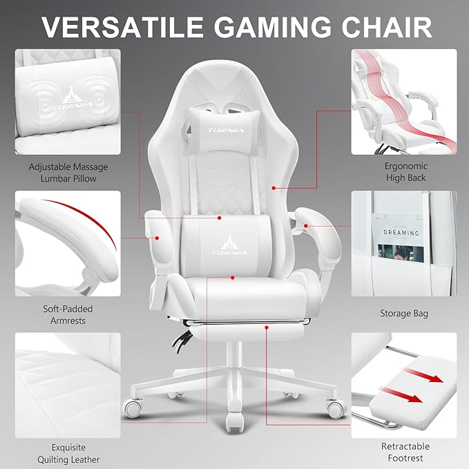 White Gaming Chair,Ergonomic Massage Computer Office Desk Chair with Footrest,Pocket Spring Cushion,Reclining Leather Adjustable Gamer Chair with Headrest and Lumbar Support,White